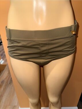 VERSACE Beachwear Olive Green Medusa Gold Head Greca Swim Brief, Size XL